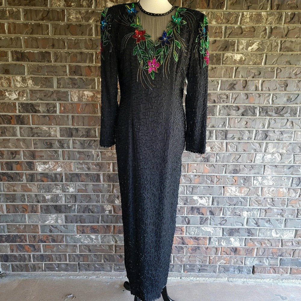 Scala Dress‎ Womens XL Black Silk Beaded Sequin Floral Evening Gown Long Sleeve